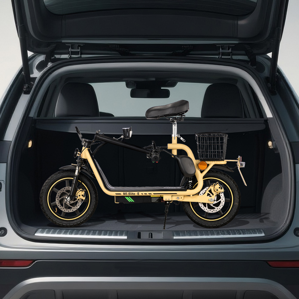 TWOFISH Patinete eléctrico M4 Elite-E Certificado CEE con asiento y cesta trasera, motor de 499 W, batería de 51 V 86 Ah, neumáticos de 85 pulgadas, velocidad máxima 59 km/h, autonomía 69 km, frenos de doble disco, amortiguadores delanteros y traseros - Beige