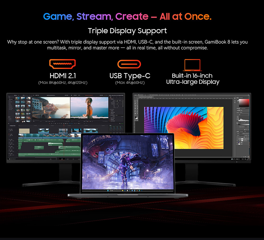 Blackview GamiBook 8 Laptop, 16 inch 1920*1200 screen, AMD Ryzen 7 7735HS, 16GB RAM 512GB SSD, WiFi 6, 57Wh battery, dual speakers, 2*Full Type-C, 2*USB3.2, 1*USB2.0, 1*HDMI, 1*for TF card slot, 1*audio jack