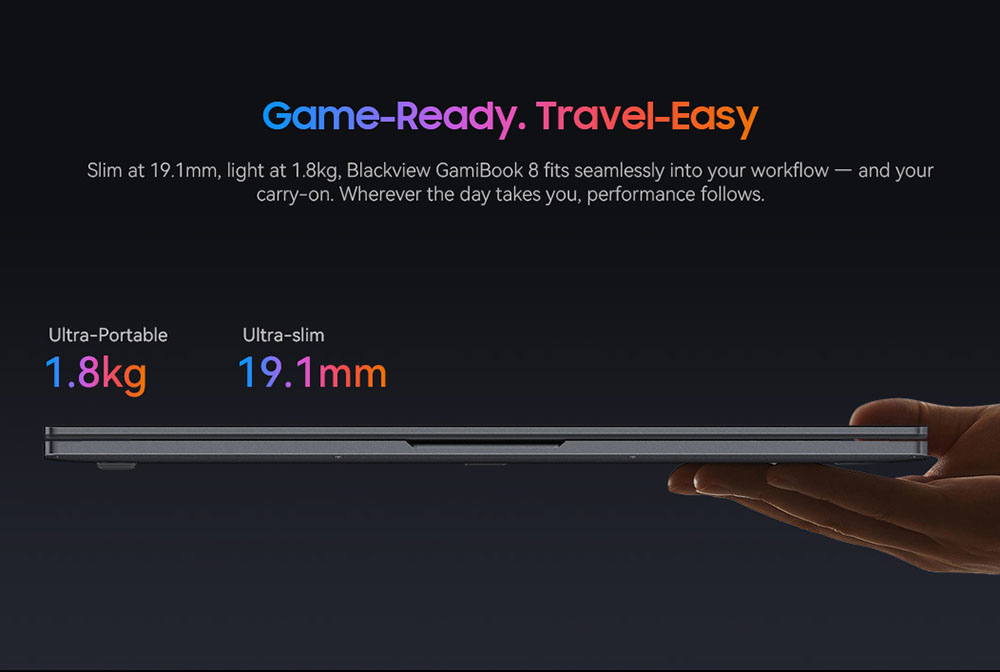 Blackview GamiBook 8 Laptop, 16 inch 1920*1200 screen, AMD Ryzen 7 7735HS, 16GB RAM 512GB SSD, WiFi 6, 57Wh battery, dual speakers, 2*Full Type-C, 2*USB3.2, 1*USB2.0, 1*HDMI, 1*for TF card slot, 1*audio jack