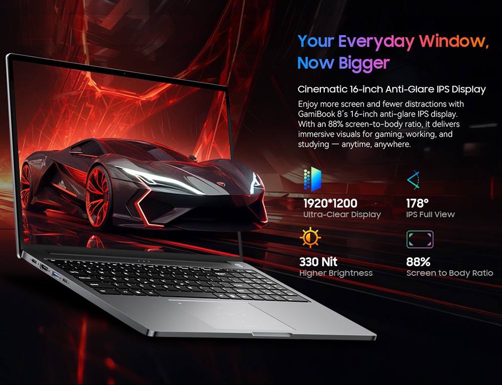 Blackview GamiBook 8 Laptop, 16 inch 1920*1200 screen, AMD Ryzen 7 7735HS, 16GB RAM 512GB SSD, WiFi 6, 57Wh battery, dual speakers, 2*Full Type-C, 2*USB3.2, 1*USB2.0, 1*HDMI, 1*for TF card slot, 1*audio jack