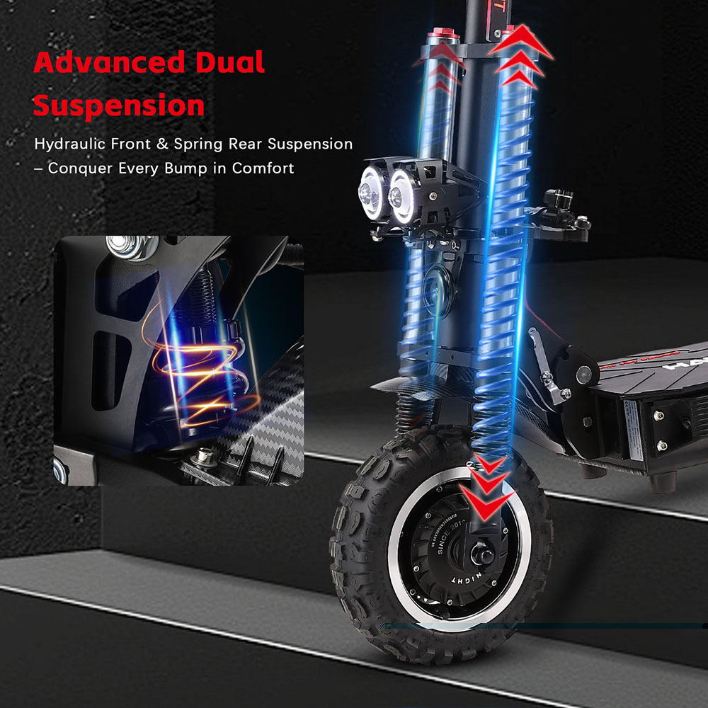 Halo Knight T107 Pro elskoter (2025 version), 3000 W x 2 motor, 60 V 38,4 Ah batteri, 11 tums däck, maxhastighet 95 km/h, räckvidd 80 km, dubbla hydrauliska bromsar, hydraulisk framfjädring och fjäderfjädring bak