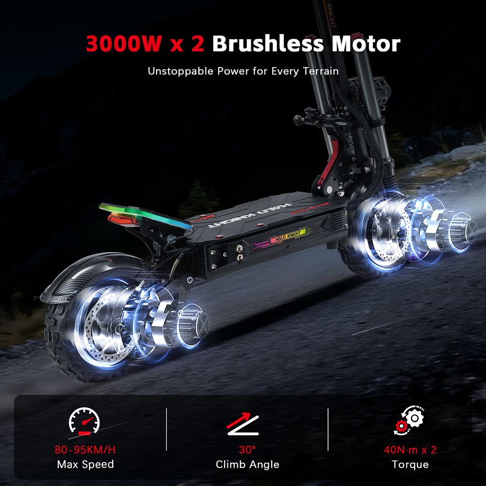 Halo Knight T107 Pro elskoter (2025 version), 3000 W x 2 motor, 60 V 38,4 Ah batteri, 11 tums däck, maxhastighet 95 km/h, räckvidd 80 km, dubbla hydrauliska bromsar, hydraulisk framfjädring och fjäderfjädring bak