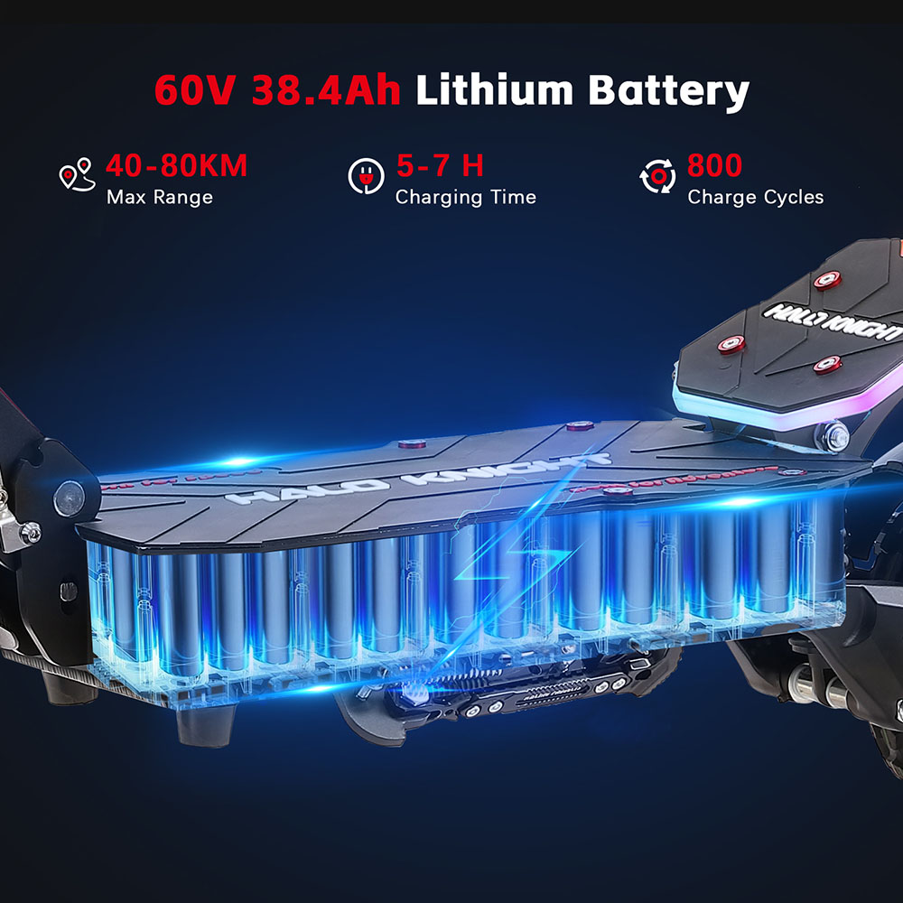 Halo Knight T107 Pro elskoter (2025 version), 3000 W x 2 motor, 60 V 38,4 Ah batteri, 11 tums däck, maxhastighet 95 km/h, räckvidd 80 km, dubbla hydrauliska bromsar, hydraulisk framfjädring och fjäderfjädring bak