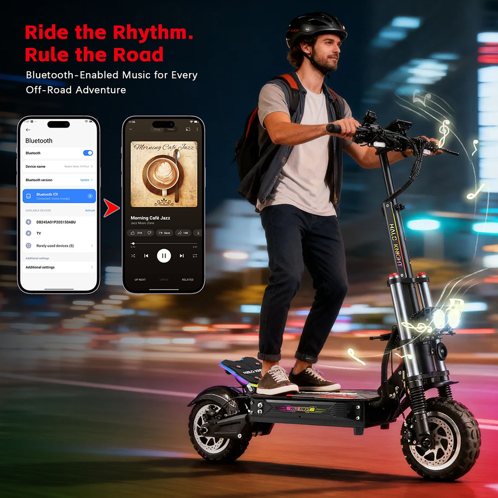 Halo Knight T107 Pro elskoter (2025 version), 3000 W x 2 motor, 60 V 38,4 Ah batteri, 11 tums däck, maxhastighet 95 km/h, räckvidd 80 km, dubbla hydrauliska bromsar, hydraulisk framfjädring och fjäderfjädring bak