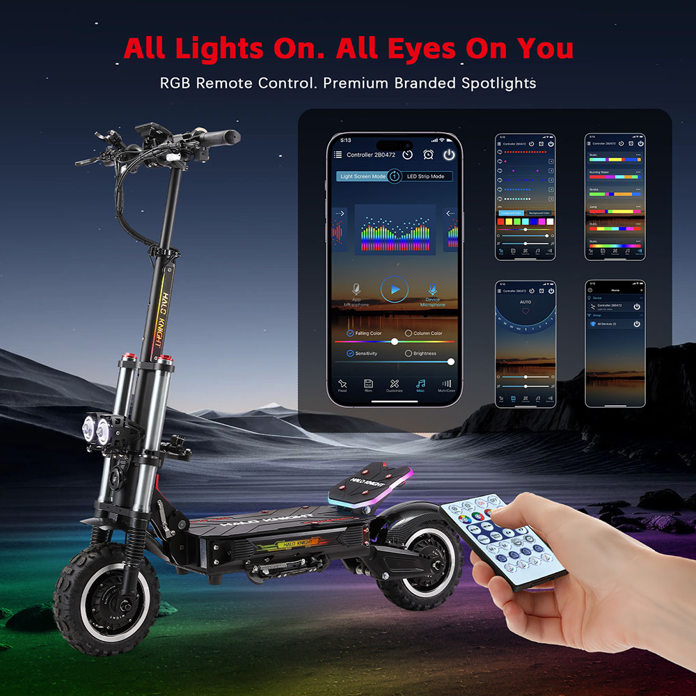 Halo Knight T107 Pro elskoter (2025 version), 3000 W x 2 motor, 60 V 38,4 Ah batteri, 11 tums däck, maxhastighet 95 km/h, räckvidd 80 km, dubbla hydrauliska bromsar, hydraulisk framfjädring och fjäderfjädring bak