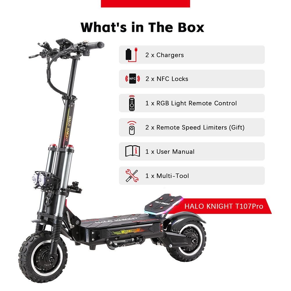 Halo Knight T107 Pro elskoter (2025 version), 3000 W x 2 motor, 60 V 38,4 Ah batteri, 11 tums däck, maxhastighet 95 km/h, räckvidd 80 km, dubbla hydrauliska bromsar, hydraulisk framfjädring och fjäderfjädring bak
