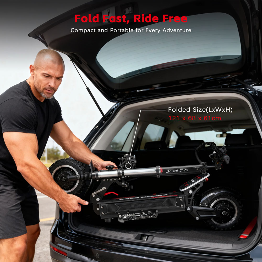 Halo Knight T107 Pro elskoter (2025 version), 3000 W x 2 motor, 60 V 38,4 Ah batteri, 11 tums däck, maxhastighet 95 km/h, räckvidd 80 km, dubbla hydrauliska bromsar, hydraulisk framfjädring och fjäderfjädring bak