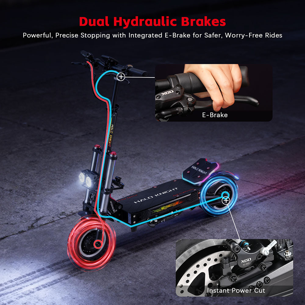 Halo Knight T107 Pro elskoter (2025 version), 3000 W x 2 motor, 60 V 38,4 Ah batteri, 11 tums däck, maxhastighet 95 km/h, räckvidd 80 km, dubbla hydrauliska bromsar, hydraulisk framfjädring och fjäderfjädring bak