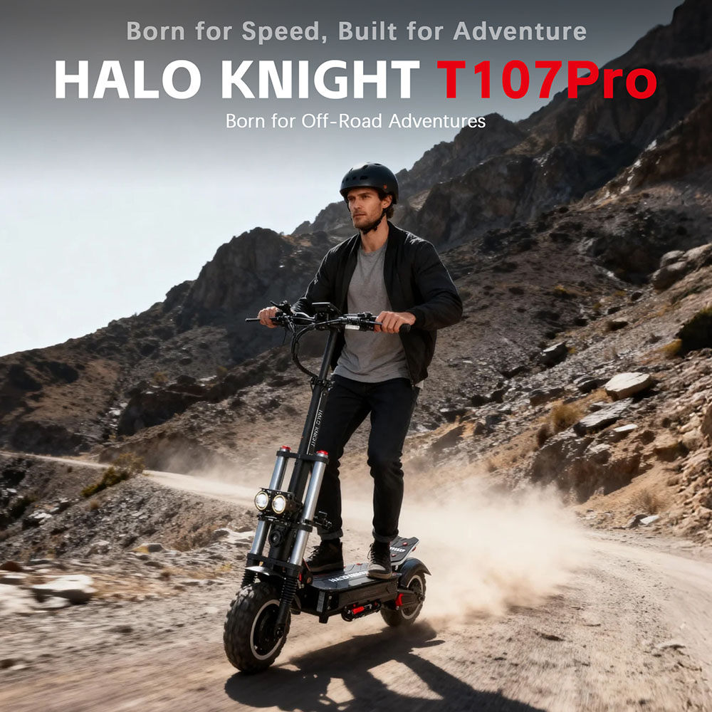 Halo Knight T107 Pro elskoter (2025 version), 3000 W x 2 motor, 60 V 38,4 Ah batteri, 11 tums däck, maxhastighet 95 km/h, räckvidd 80 km, dubbla hydrauliska bromsar, hydraulisk framfjädring och fjäderfjädring bak