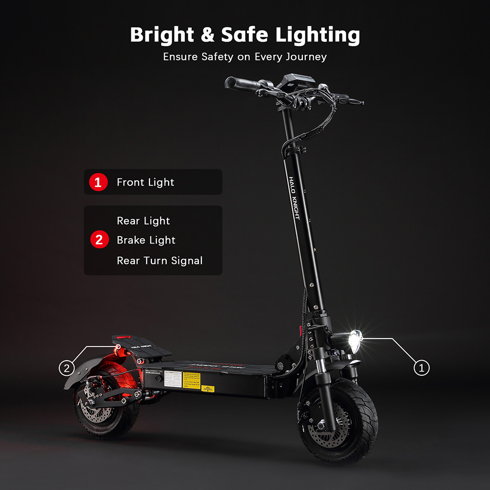 Halo Knight T104 electric scooter, 1200 W x 2 motor, 52 V 21 Ah battery, 10 inch tires, maximum speed 65 km/h, range 45 km, front and rear disc brakes, front and rear spring suspension, NFC unlocking