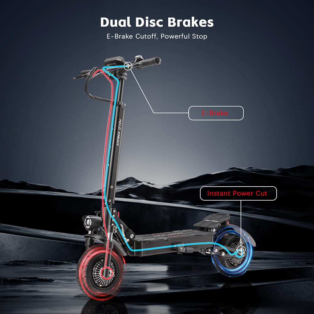 Halo Knight T104 electric scooter, 1200 W x 2 motor, 52 V 21 Ah battery, 10 inch tires, maximum speed 65 km/h, range 45 km, front and rear disc brakes, front and rear spring suspension, NFC unlocking