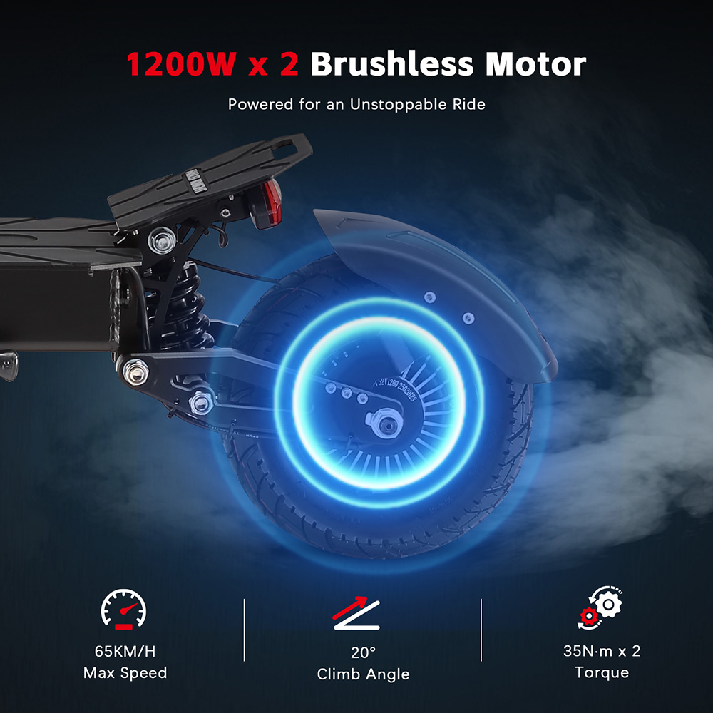 Halo Knight T104 electric scooter, 1200 W x 2 motor, 52 V 21 Ah battery, 10 inch tires, maximum speed 65 km/h, range 45 km, front and rear disc brakes, front and rear spring suspension, NFC unlocking