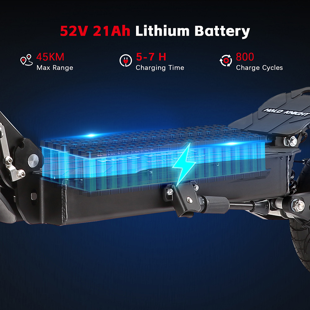Halo Knight T104 electric scooter, 1200 W x 2 motor, 52 V 21 Ah battery, 10 inch tires, maximum speed 65 km/h, range 45 km, front and rear disc brakes, front and rear spring suspension, NFC unlocking