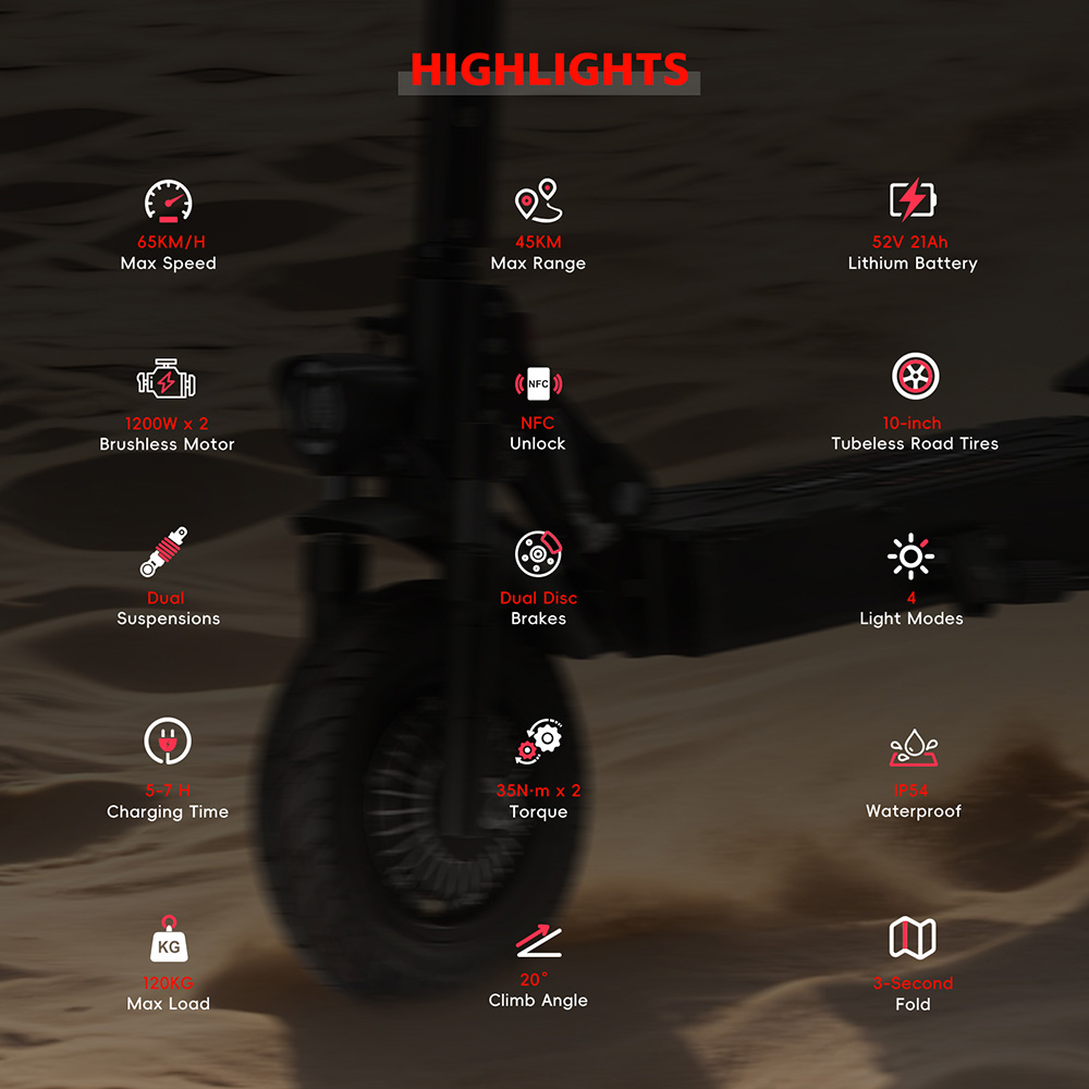 Halo Knight T104 electric scooter, 1200 W x 2 motor, 52 V 21 Ah battery, 10 inch tires, maximum speed 65 km/h, range 45 km, front and rear disc brakes, front and rear spring suspension, NFC unlocking