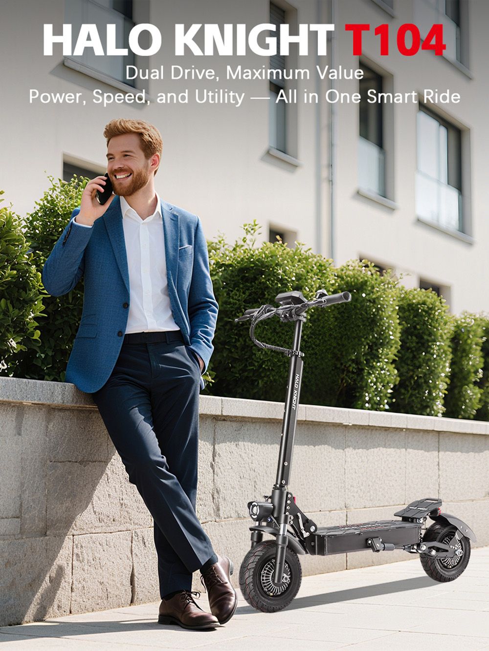 Halo Knight T104 electric scooter, 1200 W x 2 motor, 52 V 21 Ah battery, 10 inch tires, maximum speed 65 km/h, range 45 km, front and rear disc brakes, front and rear spring suspension, NFC unlocking