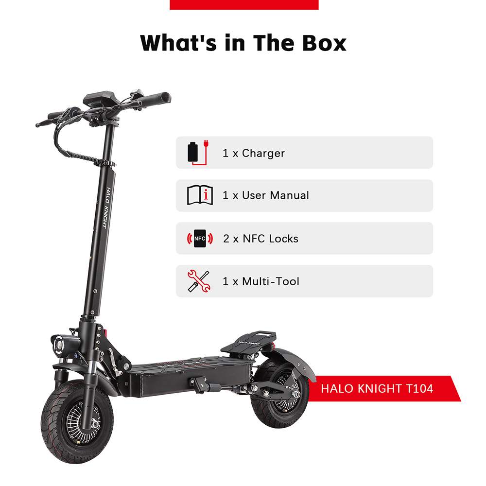 Halo Knight T104 electric scooter, 1200 W x 2 motor, 52 V 21 Ah battery, 10 inch tires, maximum speed 65 km/h, range 45 km, front and rear disc brakes, front and rear spring suspension, NFC unlocking