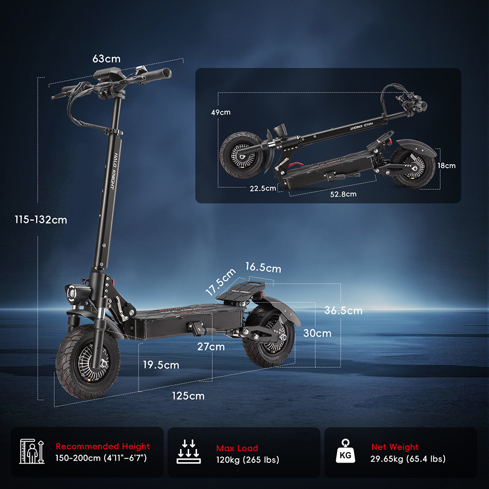 Halo Knight T104 electric scooter, 1200 W x 2 motor, 52 V 21 Ah battery, 10 inch tires, maximum speed 65 km/h, range 45 km, front and rear disc brakes, front and rear spring suspension, NFC unlocking