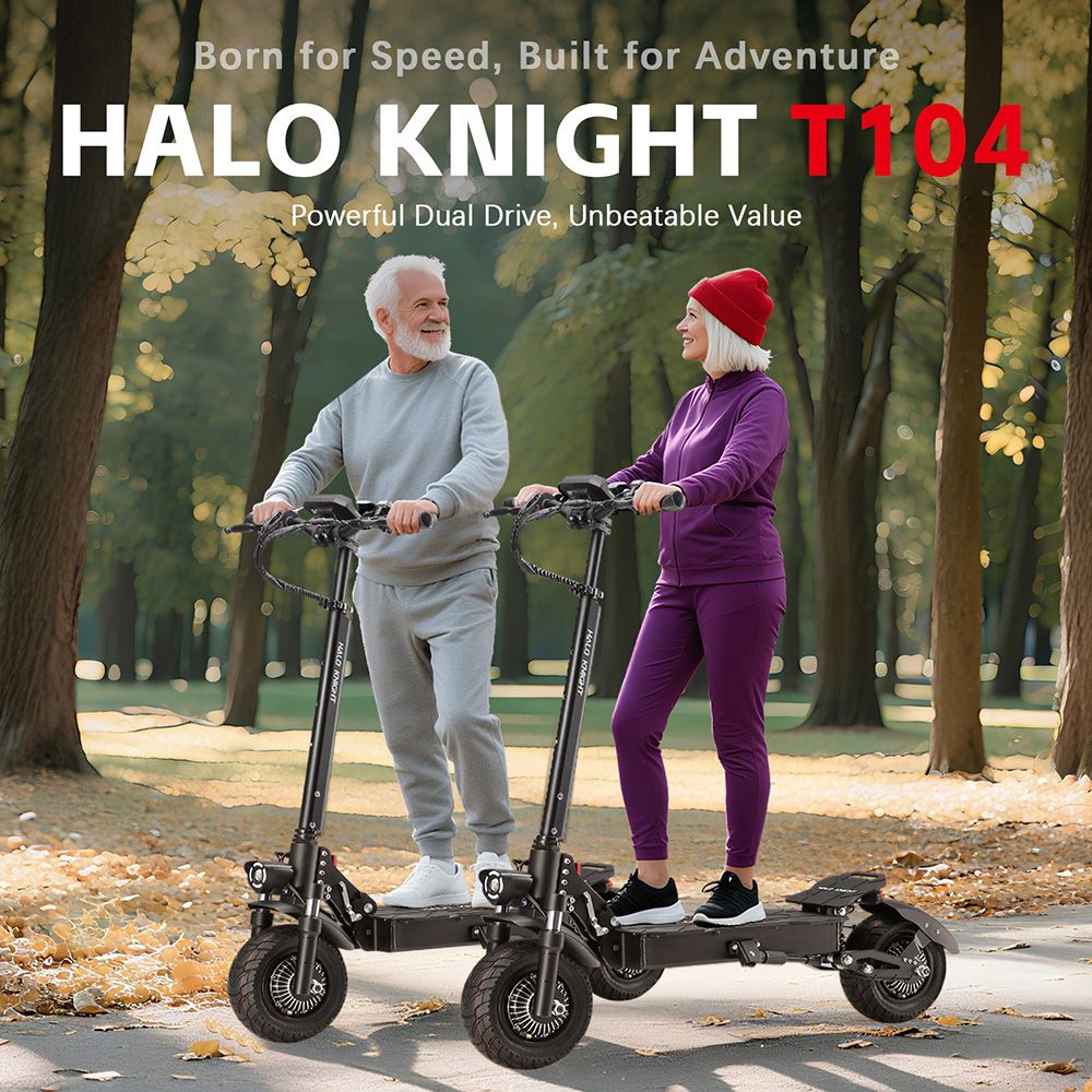 Halo Knight T104 electric scooter, 1200 W x 2 motor, 52 V 21 Ah battery, 10 inch tires, maximum speed 65 km/h, range 45 km, front and rear disc brakes, front and rear spring suspension, NFC unlocking