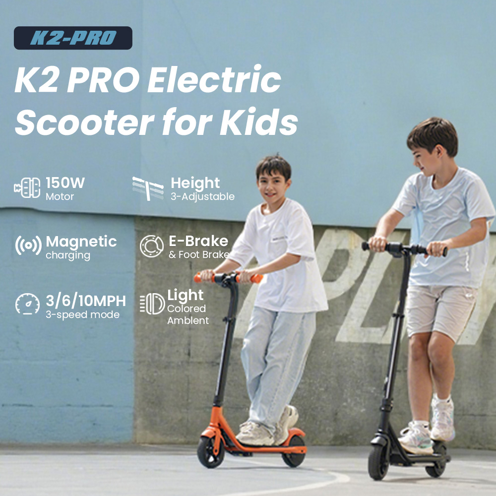 K2 Pro Electric Scooter for Kids, 150W Motor, 18V 2.6Ah Battery, Max Speed ​​15km/h, Hand and Foot Brakes, Magnetic Charging, LED Display - Black