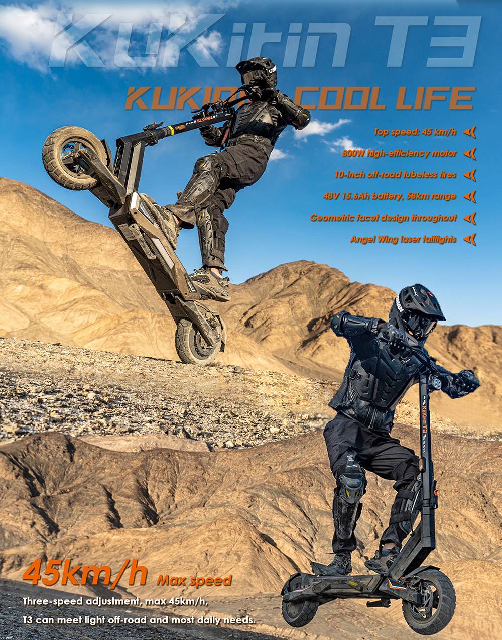 Patinete eléctrico KuKirin T3, motor de 800 W, batería de 48 V 15,6 Ah, neumáticos de 10 pulgadas, velocidad máxima 45 km/h, autonomía 58 km, frenos de disco delanteros y traseros, amortiguador de cuatro brazos