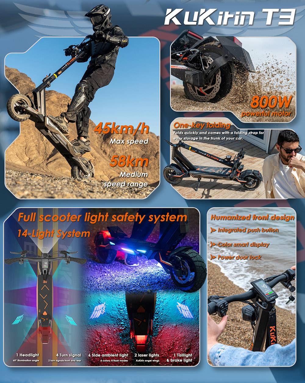 Patinete eléctrico KuKirin T3, motor de 800 W, batería de 48 V 15,6 Ah, neumáticos de 10 pulgadas, velocidad máxima 45 km/h, autonomía 58 km, frenos de disco delanteros y traseros, amortiguador de cuatro brazos