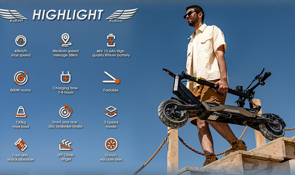 Patinete eléctrico KuKirin T3, motor de 800 W, batería de 48 V 15,6 Ah, neumáticos de 10 pulgadas, velocidad máxima 45 km/h, autonomía 58 km, frenos de disco delanteros y traseros, amortiguador de cuatro brazos