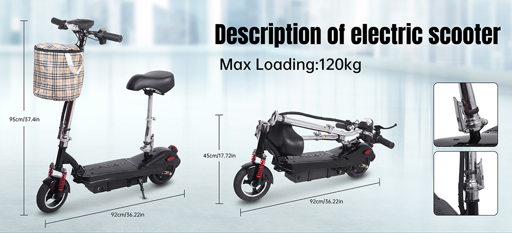 Unificare M5 el-scooter med sæde, 350 W motor, 24 V 12 Ah batteri, maksimal hastighed 20 km/t, rækkevidde 12 km, tromlebremse