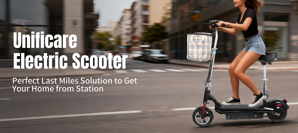 Unificare M5 el-scooter med sæde, 350 W motor, 24 V 12 Ah batteri, maksimal hastighed 20 km/t, rækkevidde 12 km, tromlebremse