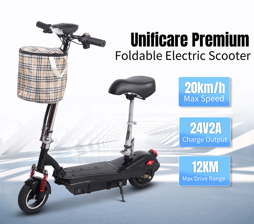 Unificare M5 el-scooter med sæde, 350 W motor, 24 V 12 Ah batteri, maksimal hastighed 20 km/t, rækkevidde 12 km, tromlebremse