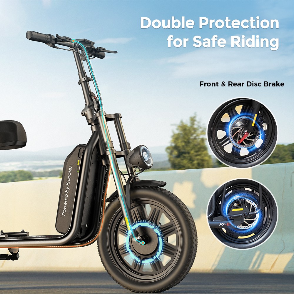 iScooter F7 elscooter, 1000 W motor, 48 V 10,4 Ah batteri, 16 tums däck, maxhastighet 45 km/h, räckvidd 50 km, skivbromsar fram och bak, framgaffel stötdämpare