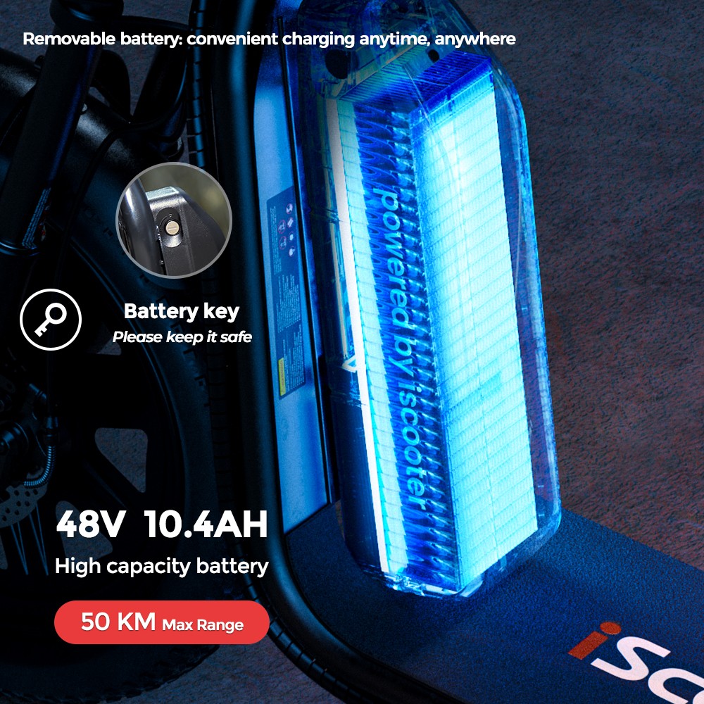 iScooter F7 elscooter, 1000 W motor, 48 V 10,4 Ah batteri, 16 tums däck, maxhastighet 45 km/h, räckvidd 50 km, skivbromsar fram och bak, framgaffel stötdämpare