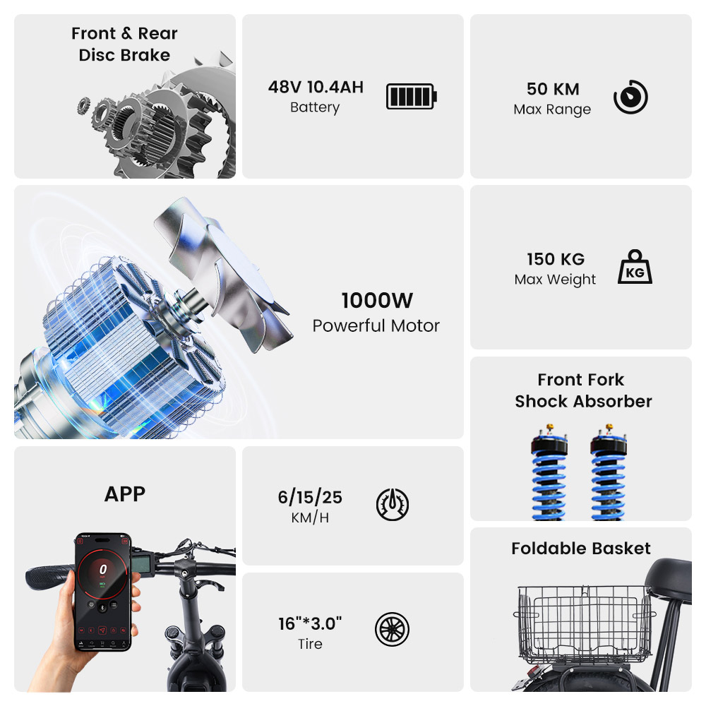 iScooter F7 elscooter, 1000 W motor, 48 V 10,4 Ah batteri, 16 tums däck, maxhastighet 45 km/h, räckvidd 50 km, skivbromsar fram och bak, framgaffel stötdämpare