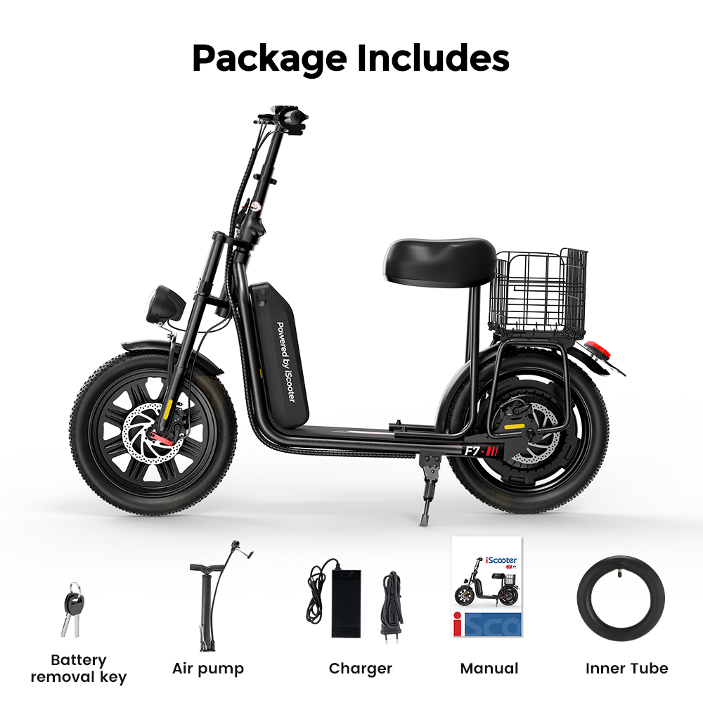 iScooter F7 elscooter, 1000 W motor, 48 V 10,4 Ah batteri, 16 tums däck, maxhastighet 45 km/h, räckvidd 50 km, skivbromsar fram och bak, framgaffel stötdämpare