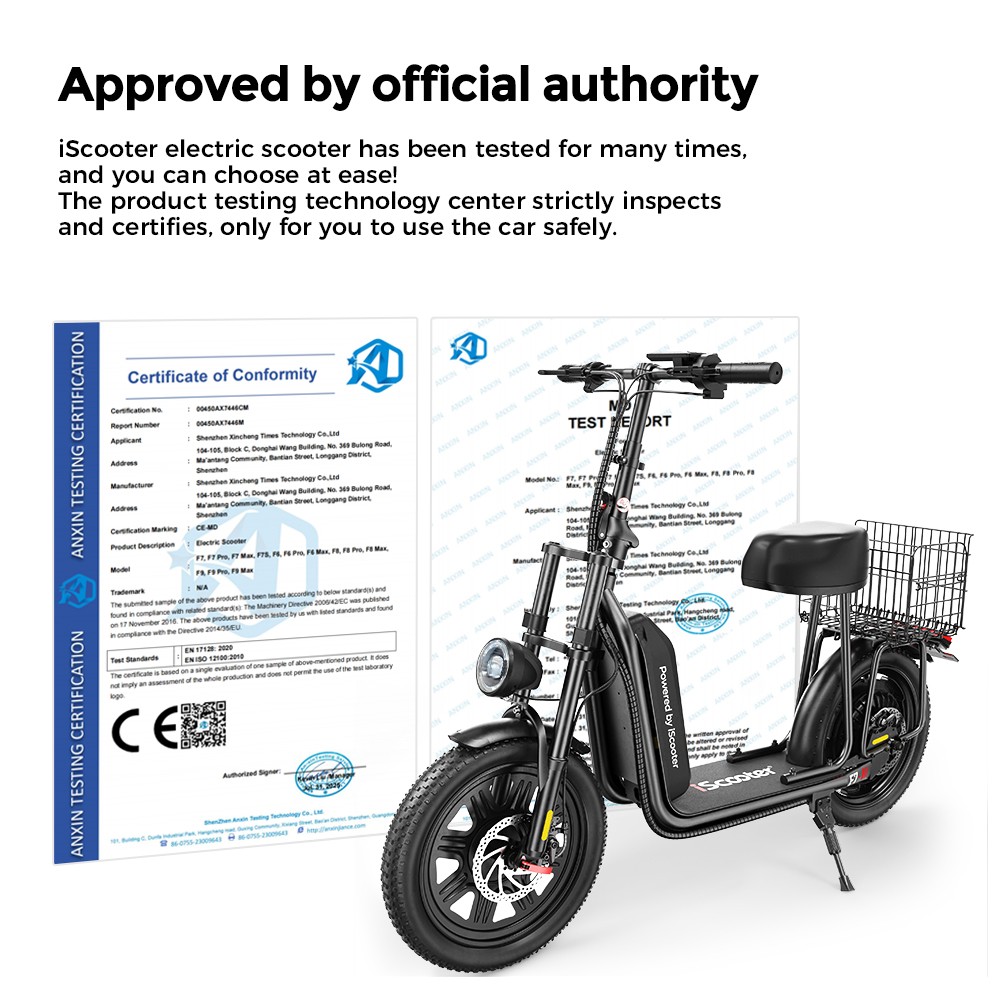iScooter F7 elscooter, 1000 W motor, 48 V 10,4 Ah batteri, 16 tums däck, maxhastighet 45 km/h, räckvidd 50 km, skivbromsar fram och bak, framgaffel stötdämpare
