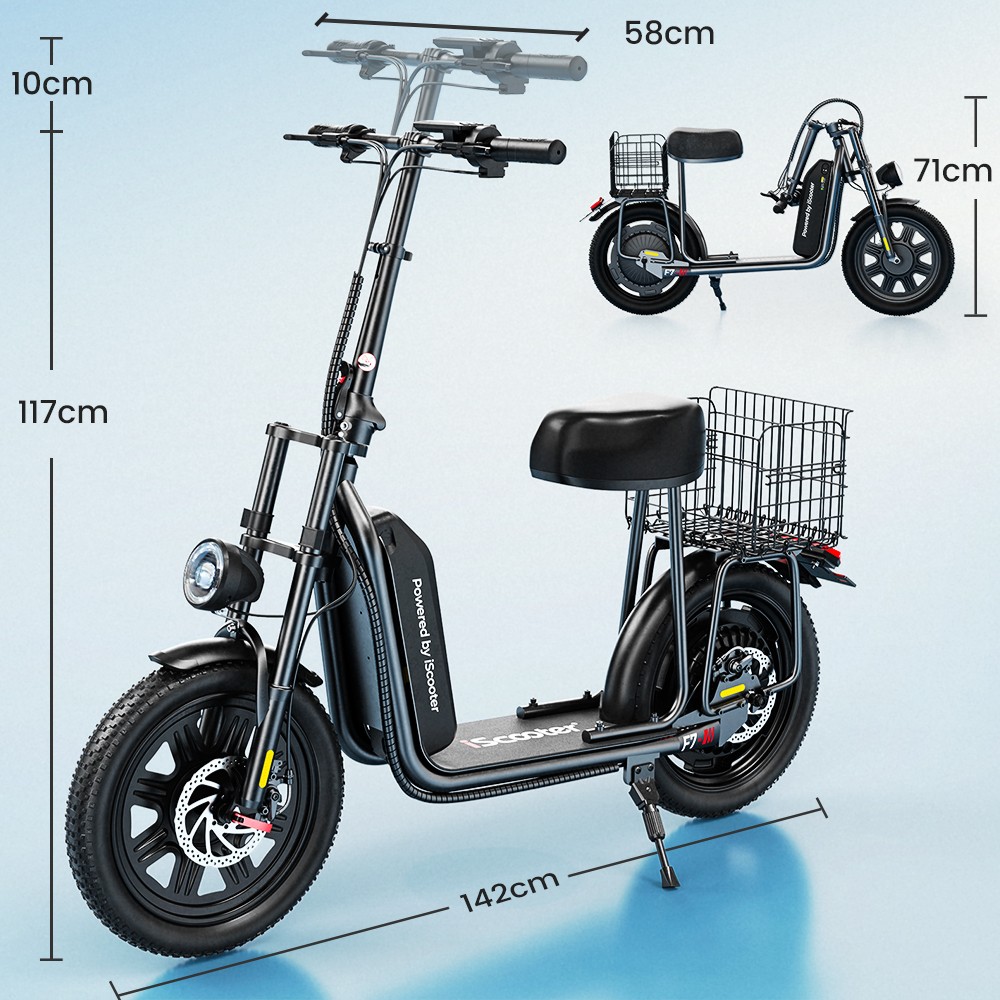 iScooter F7 elscooter, 1000 W motor, 48 V 10,4 Ah batteri, 16 tums däck, maxhastighet 45 km/h, räckvidd 50 km, skivbromsar fram och bak, stötdämpare framgaffel