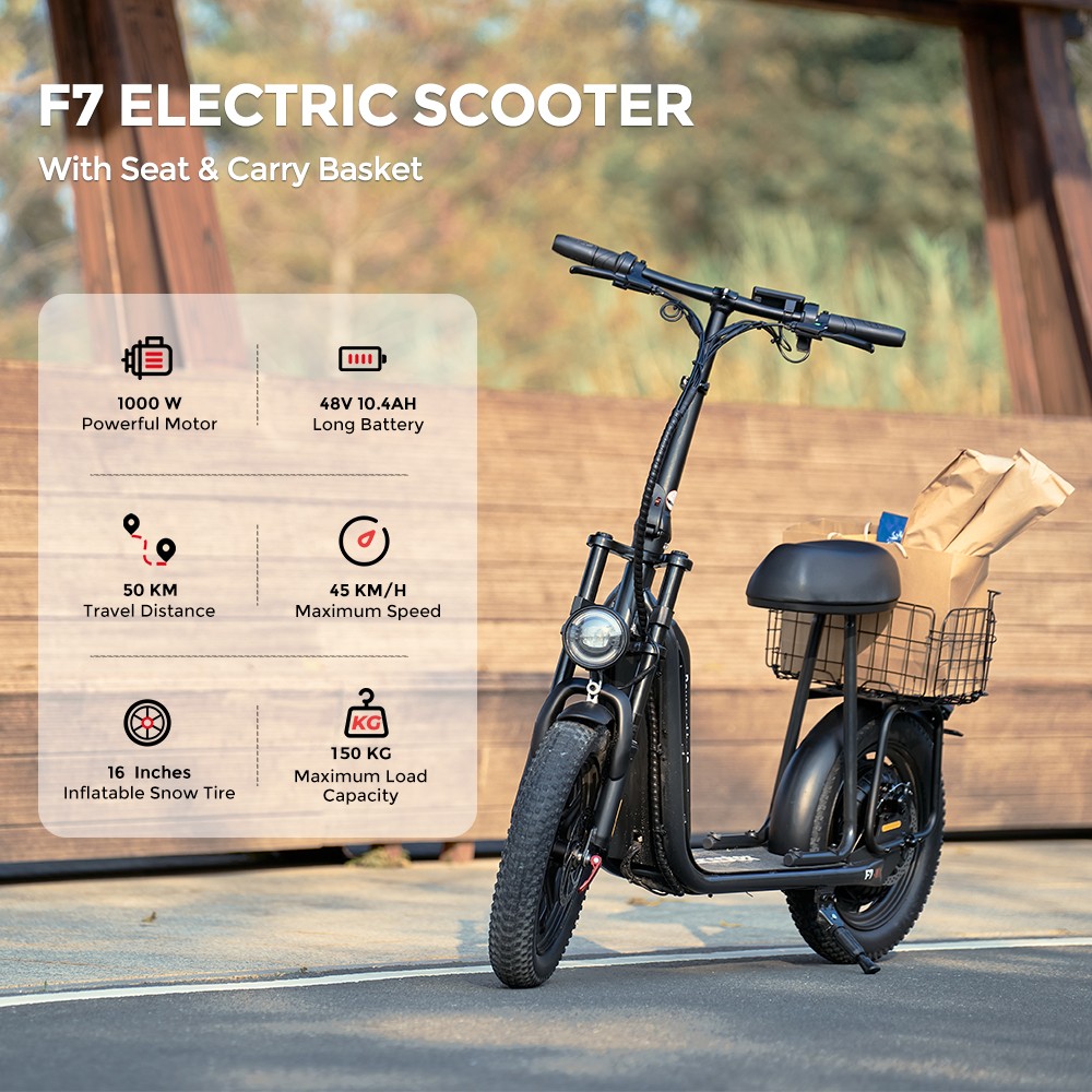 iScooter F7 elscooter, 1000 W motor, 48 V 10,4 Ah batteri, 16 tums däck, maxhastighet 45 km/h, räckvidd 50 km, skivbromsar fram och bak, framgaffel stötdämpare