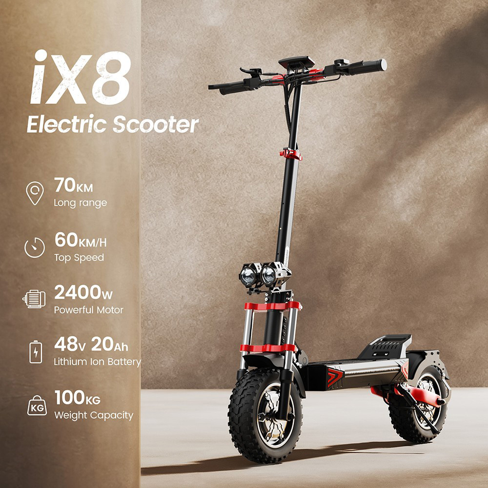 iScooter iX8 Trottinette électrique, moteur 2*1200W, batterie 48V 20AH, pneu 12 pouces, vitesse maximale 60km/h, autonomie 70km, freins à disque hydrauliques doubles, suspension avant et arrière