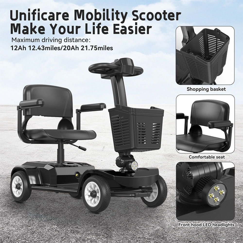 Unificare Lucas Pro Four Wheel Scooter, 180W Motor, 24V 12Ah Battery, 8 Inch Tires, 6km/h Max Speed, 20km Range, Magnetic Brake, 190kg Max Load - Black