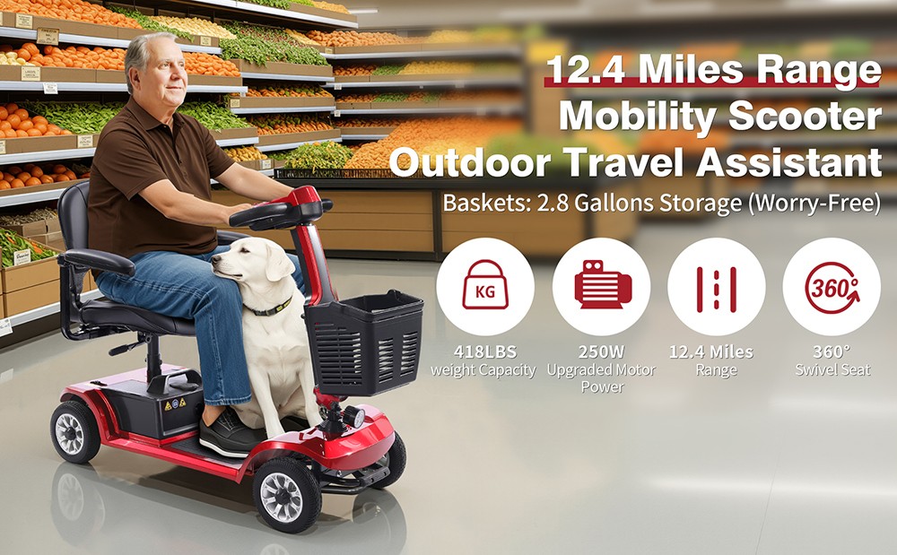 Hulajnoga czterokołowa Unificare Unagi, silnik 250 W, akumulator 24 V 12 Ah, opony 8 cali, maksymalna prędkość 6 km/h, zasięg 20 km, hamulec magnetyczny, maksymalne obciążenie 190 kg - czerwona