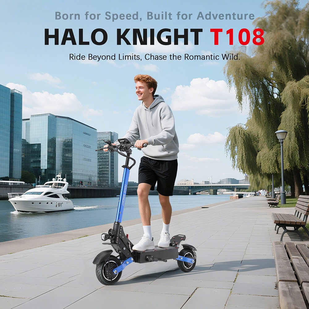 Elektrická koloběžka Halo Knight T108, 10" silniční pneumatika, 1000W duální motor, maximální rychlost 65 km/h, baterie 52 V 28,8 Ah, maximální dojezd 60 km, maximální zatížení 150 kg, hydraulická brzda, IPX4 Vodotěsný - černý