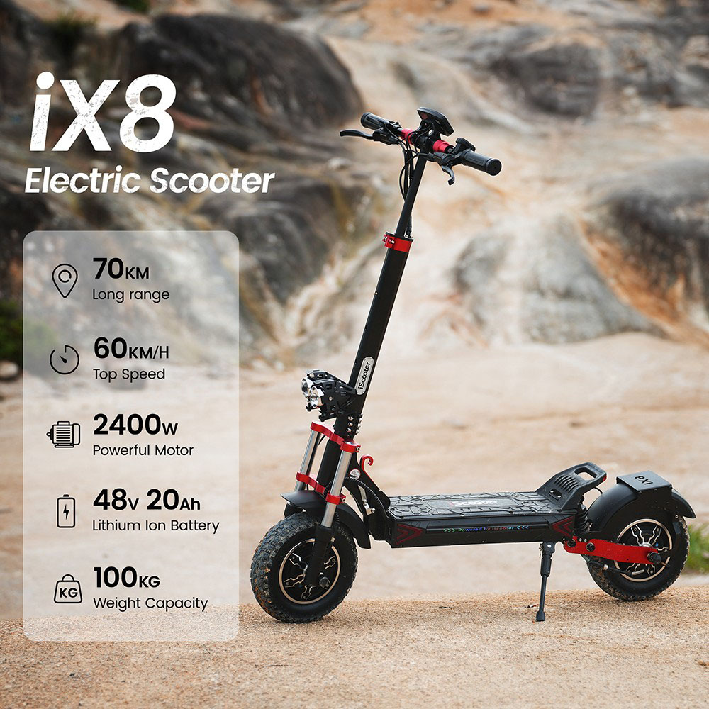 iScooter iX8 Trottinette électrique, moteur 2*1200W, batterie 48V 20AH, pneu 12 pouces, vitesse maximale 60km/h, autonomie 70km, freins à disque hydrauliques doubles, suspension avant et arrière