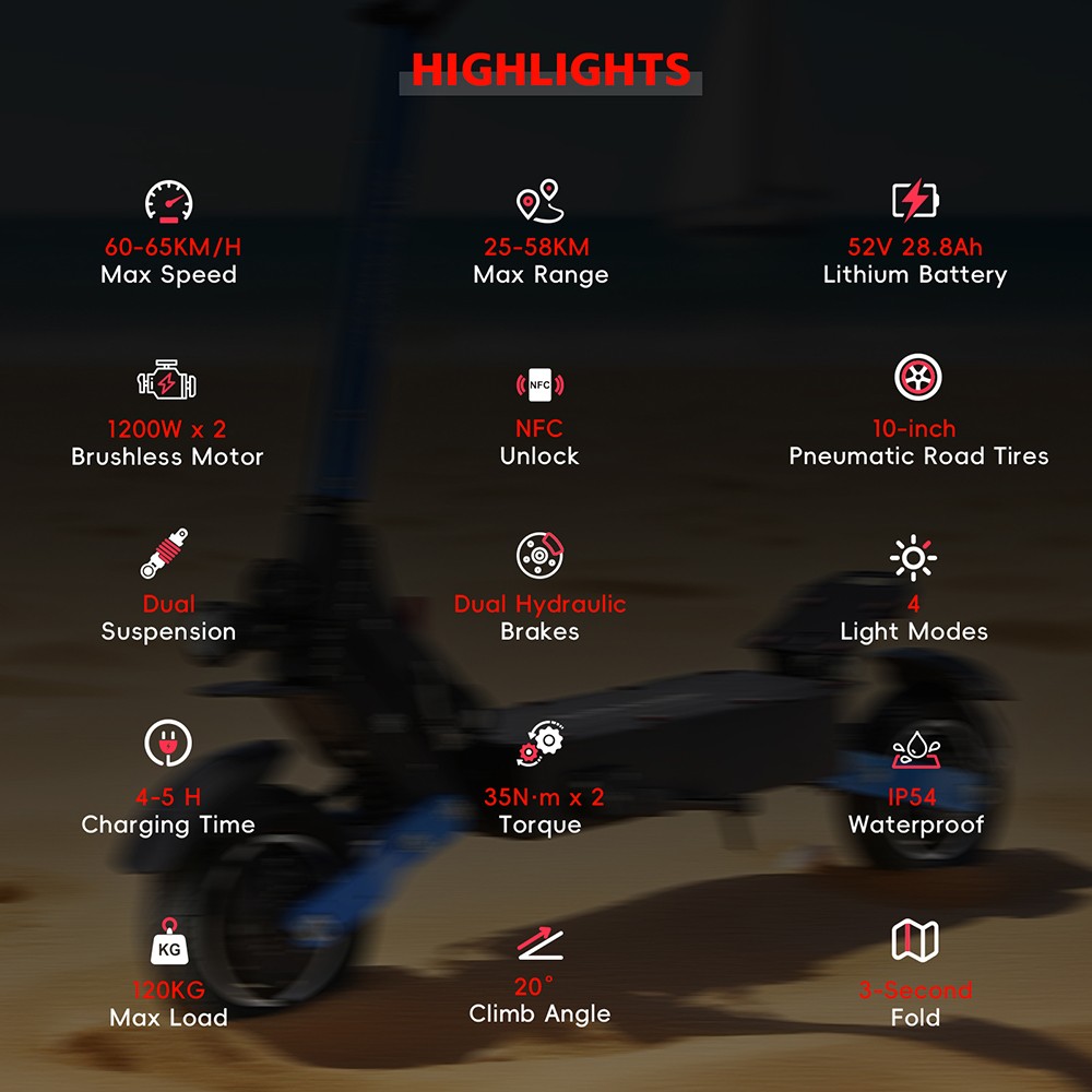 Elektrická koloběžka Halo Knight T108, 10" silniční pneumatika, 1000W duální motor, maximální rychlost 65 km/h, baterie 52 V 28,8 Ah, maximální dojezd 60 km, maximální zatížení 150 kg, hydraulická brzda, IPX4 Vodotěsný - černý