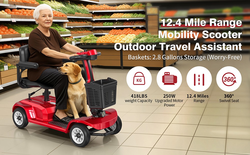 Hulajnoga czterokołowa Unificare Lucas Pro, silnik 180 W, akumulator 24 V 12 Ah, opony 8 cali, maksymalna prędkość 6 km/h, zasięg 20 km, hamulec magnetyczny, maksymalne obciążenie 190 kg - czerwona