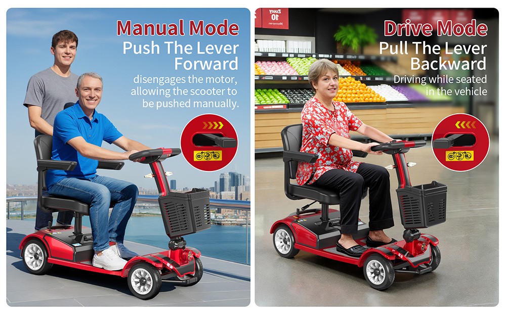Unificare Mate Four-Wheel Scooter for Seniors, 250W Motor, 24V 20Ah Battery, 8 Inch Front & 9 Inch Rear Tires, Max Speed ​​7.8km/h, Range 35km, Magnetic Brake, Max Load 190kg - Red