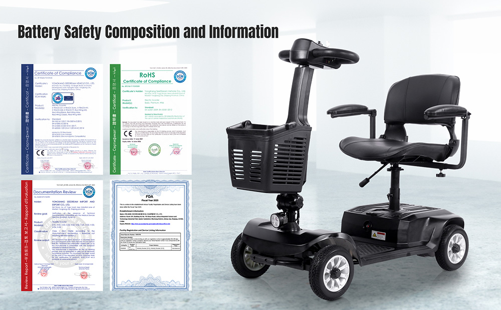 Unificare Lucas Pro Four Wheel Scooter, 180W Motor, 24V 12Ah Battery, 8 Inch Tires, 6km/h Max Speed, 20km Range, Magnetic Brake, 190kg Max Load - Black