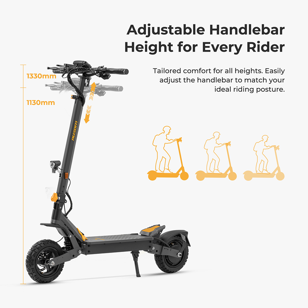 Ausom L1 electric scooter, 500 W motor, 48 V 15.6 Ah battery, 10 inch tires, maximum speed 20 km/h, range 70 km, disc brakes, swing arm suspension, NFC unlocking and passcode