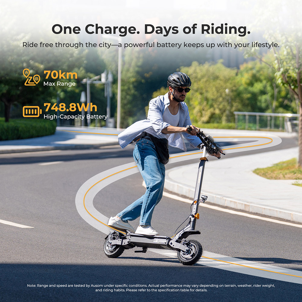 Ausom L1 electric scooter, 500 W motor, 48 V 15.6 Ah battery, 10 inch tires, maximum speed 20 km/h, range 70 km, disc brakes, swing arm suspension, NFC unlocking and passcode