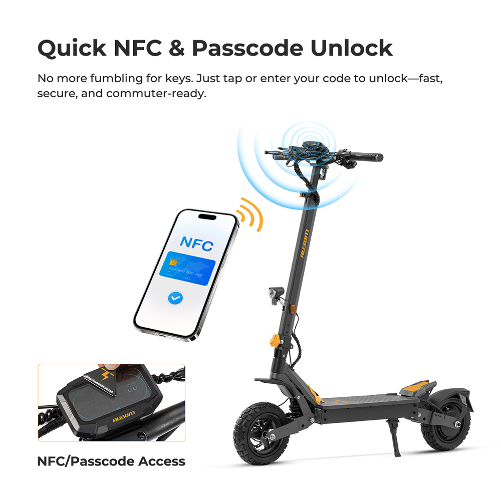 Ausom L1 electric scooter, 500 W motor, 48 V 15.6 Ah battery, 10 inch tires, maximum speed 20 km/h, range 70 km, disc brakes, swing arm suspension, NFC unlocking and passcode