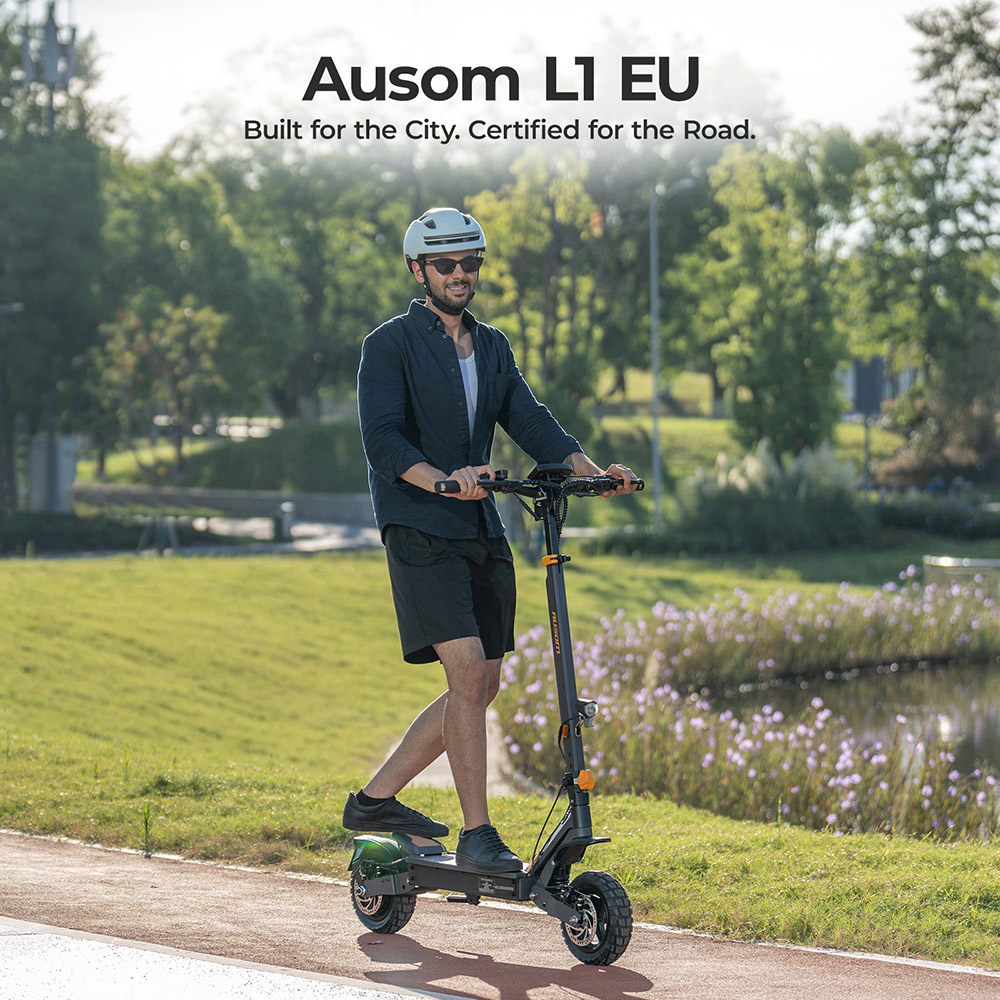 Ausom L1 electric scooter, 500 W motor, 48 V 15.6 Ah battery, 10 inch tires, maximum speed 20 km/h, range 70 km, disc brakes, swing arm suspension, NFC unlocking and passcode