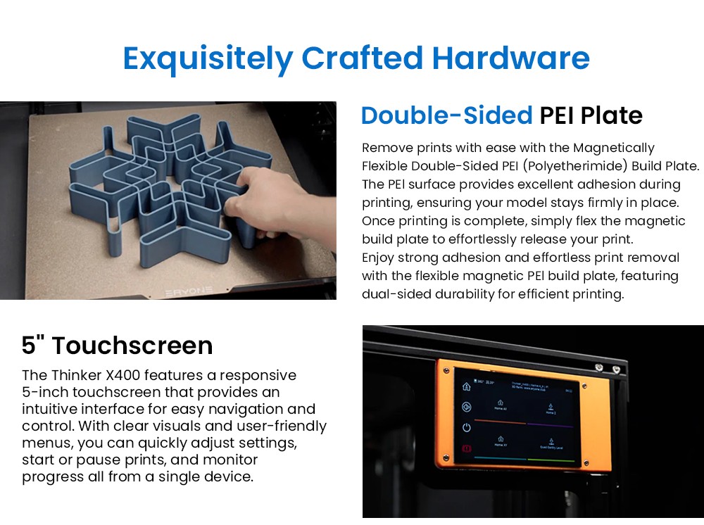 3D tiskárna ERYONE ThinkerX400 FDM, přesnost tisku 0,1–0,3 mm, vysoká rychlost 500 mm/s, automatické vyrovnávání 25bodové mřížky – zástrčka EU